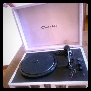Crosley faux velvet baby pink record player